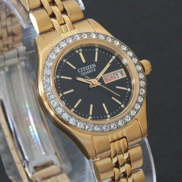 Citizen Accessories - Citizen Ladies Classic Quartz Watch Crystal Bezel Gold Toone Black Dial 26mm